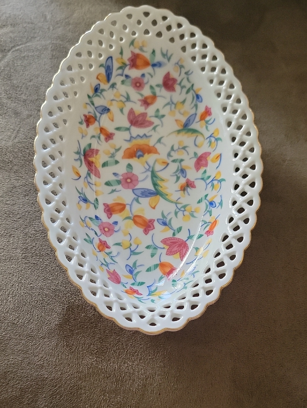 Vintage Germany Porcelain Reticulated Chintz Lattice Trim Oval Bowl